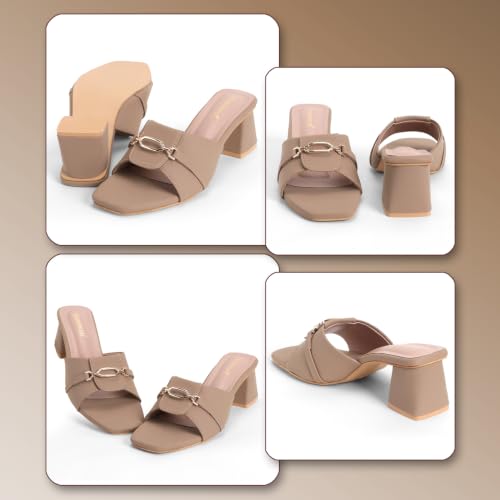 Image of Women's Block Heel Mule Sandals | Stylish Slip-On Heels with Metal Chain Detail | Cushioned Footbed | Square Toe Fashion Slides for Party, Office & Casual Wear
