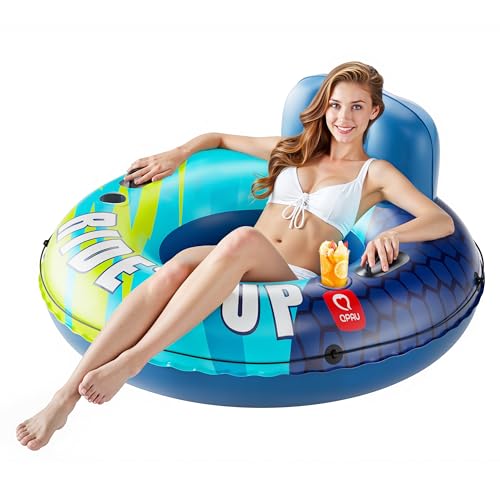 Image of QPAU Inflatable River Tube, 0.4 mm Thickened Puncture-Resistant Heavy Duty River Float, River Raft with Ergonomic Backrest, Mesh Bottom & 2 Cup Holders for Adults and Friends Lake Float