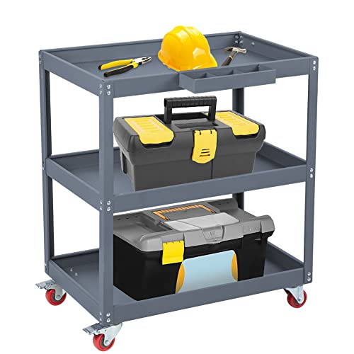 3-Tier Utility Cart, Heavy Duty Service Tool Cart With Handle & Lockable Wheels, 660Lbs Load Capacity Rolling Trolley Storage Organizer For Warehouse Garage #TOP7