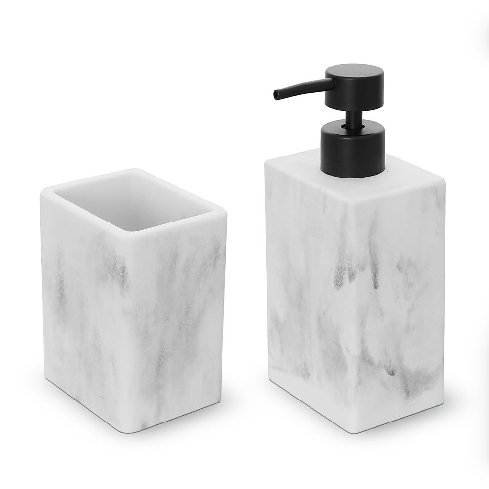 Set Accessori Bagno 2 Pezzi Con Dispenser Sapone Liquido E Bicchiere Porta Spazzolini In Poliresina Effetto Marmo Bianco Della Linea Marmo