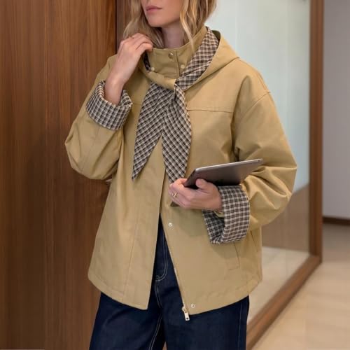 Cropped Trench Coat for Women Fall Rain Jacket with Detachable Plaid Hood - image 3
