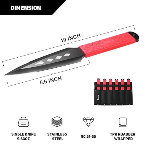 NedFoss KUNA Throwing Knives 6Pack, 10" Length, 0.2" Thickness, Full Tang Throwing Knife Set w/Inovative TPR Rubber Wrapped Handle, All-in-one Sheath for Recreation and Competition