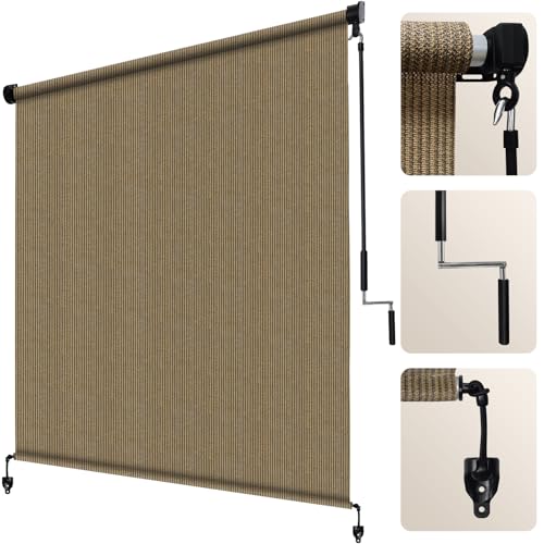 Image of Artpuch Patio Shades Roll Up Outdoor Roller Shade with Spliced Design, 102 inch W x 96 inch H Cordless Outside Blinds Cloth for Porch Pergola Gazebo, Coffee Brown