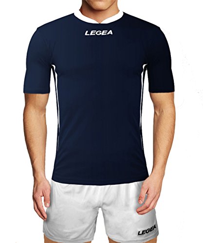 Rebeca Shop Legea Dusseldorf M1086 - korte mouwen shirt met shorts - van 100% polyester met geborduurd Legea-logo - Futsal shirt (donkerblauw/wit, XL)