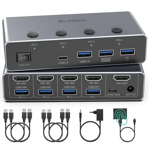 HDMI KVM Switch 8K@60Hz para 4 Ordenadores 1 Monitor   4 Puertos USB 3.0 (3A+1C) en Aluminio, Comparte Teclado Ratón   Incluye 4 Cables USB, Controlador de Escritorio y Adaptador de Corriente 12V