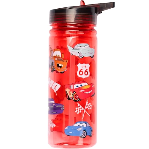 Disney Botella de agua con pajita de Cars de 580 ml, 100% a prueba de fugas, duradera, de plástico resistente y sin BPA, color rojo