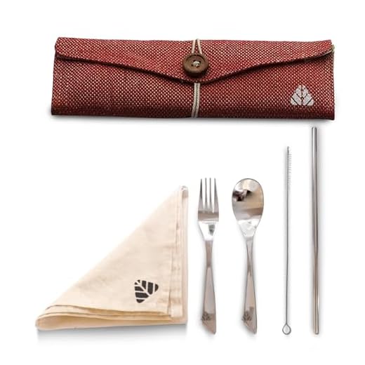 Rusabl Steelery Reusable Stainless Steel Cutlery Set. Ideal for Daily use, Gifting and Traveling (Contains : Spoon, Fork,Straw and Cleaner, Napkin, Jute Pouch) (Red)