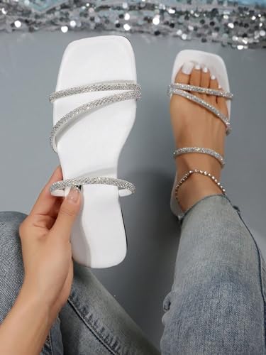 Image of GORGLITTER Women's Rhinestone Wedding Flat Sandals Sparkly Strappy Glitter Dressy Slip on Bling Bridal Prom Cute Slide Shoes