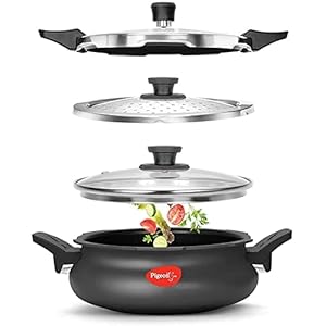 Pigeon By Stovekraft All in One Super Cooker Aluminium with Outer Lid Induction and Gas Stove Compatible 3 Litre Capacity for Healthy Cooking (Black)