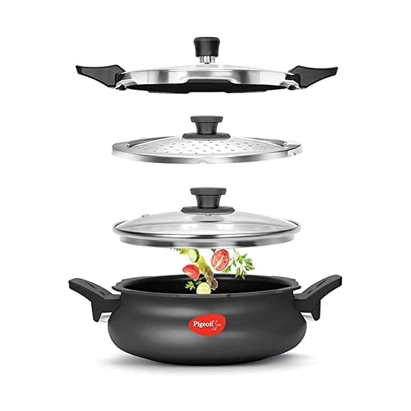 Pigeon By Stovekraft All in One Super Cooker Aluminium with Outer Lid Induction and Gas Stove Compatible 3 Litre Capacity for Healthy Cooking (Black)