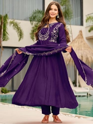 Image of Women's Vichitra Silk Anarkali Kurta Set with Dupatta | Embroidered Kurta Set for Women | Rust Orange Wedding & Festive Ethnic Dress