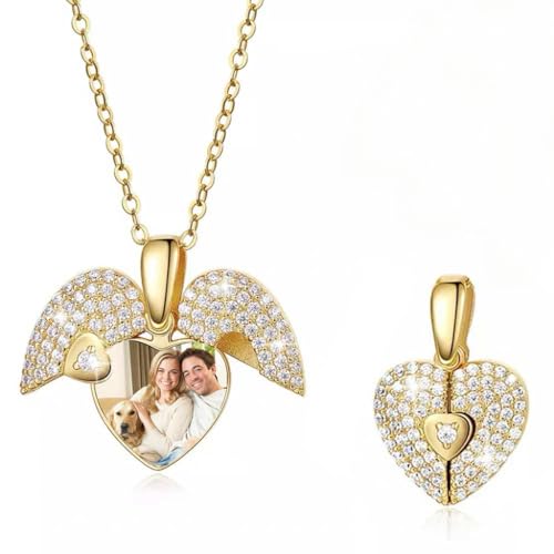 Image of GSTFY Custom Photo Heart Locket Necklace Brass/925 Sterling Silver Personalised Cubic Zircon Angel Wing Picture and Text Engraving Pendant Jewelry with Picture Birthday Memorial Gift for Women Mother