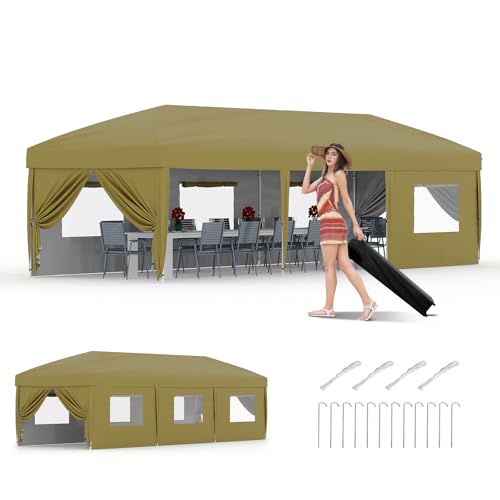 10x30 Pop Up Canopy with 8 SideWalls - Heavy Duty Outdoor Canopy Tent with Portable Roller Bag - 3 Adjustable Height, 4 Weight Bags, 8 Stakes & 6 Guy Ropes Included-Khaki