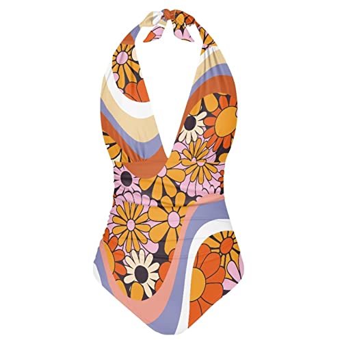 POLERO Women V Neck One Piece Swimsuit Halter Ruched Tummy Control Bathing Suit Backless Swimwear