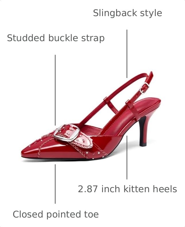 Image of Coutgo Womens Slingback Kitten Heels Studded Closed Pointed Toe Pumps with Buckle Party Dress Shoes