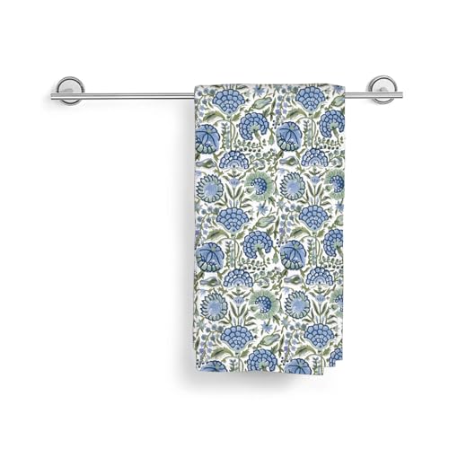 Image of Blue Sage Green Block Print Floral Kitchen Towels Spring Boho Vintage Flower Dish Towels, 16x24 Inch Farmhouse Seasonal Summer Decoration Absorbent Hand Towels for Kitchen Drying Decor Set of 2