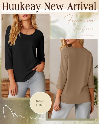Huukeay 3 Pack 3/4 Length Sleeve Women's Tops Trendy Crew Neck Roll Basic Tees Top Dressy Loose Casual T-Shirt Blouses3