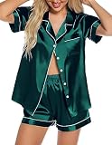 Gepansis Silk Pajamas for Women Plus Size Button Down Short Sleeve Satin Bridal Pjs Sets Sleepwear Dark Green XX-Large
