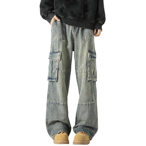 Men's Cargo Jeans Loose Casual Straight Wide Leg Vintage Stitching Denim Trousers with Pockets
