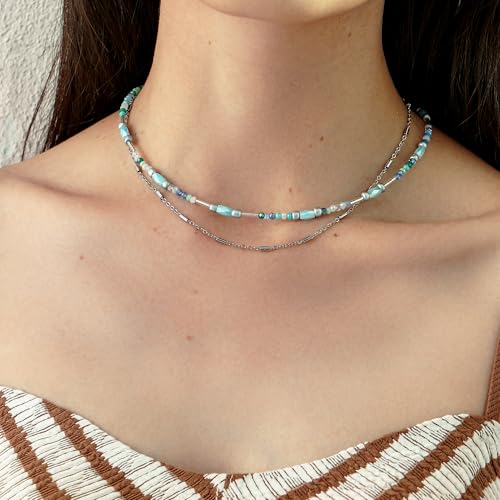 Beaded Necklace for Women Trendy, Boho Beaded Glass Silver Mixed Strand Short Necklace for Women Stacking layered necklaces Summer Beach Jewelry3