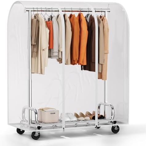 Alt Text for image 1: HOKEEPER Heavy Duty Clothes Rail with Dust Cover in a bedroom setting