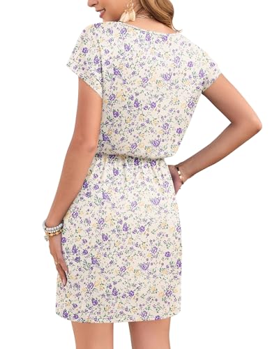 Image of AUSELILY Womens Summer Mini Dress, Short Sleeve V Neck Drawstring Casual | Soft smooth drape with an adjustable drawstring waist for beach, casual outings and daily wear