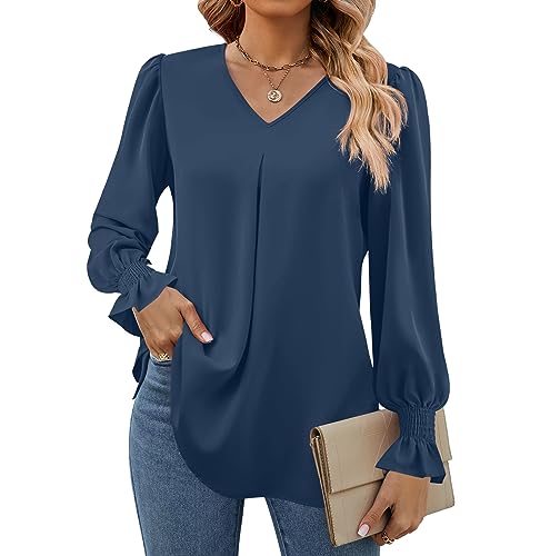 Funlingo Womens Shirts 2026 Long Sleeve Tops Dressy Casual V Neck Tunics Chiffon Blouses Work Outfits Dusty Blue L by Funlingo - Used condition - US$23.62