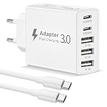 EU Travel Adapter Charger, 50W European Plug Adapter Fast Charger with 2 USB C&3 USB A, European Wall Adaptor EU Adaptor USB Plug Fast Charging with 1M USB C Cable for iPhone 17 16 15, iPad, Samsung