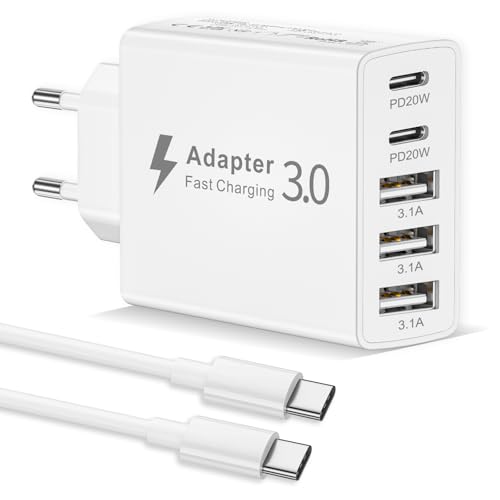 Image of EU Travel Adapter Charger, 50W European Plug Adapter Fast Charger with 2 USB C&3 USB A, European Wall Adaptor EU Adaptor USB Plug Fast Charging with 1M USB C Cable for iPhone 17 16 15, iPad, Samsung