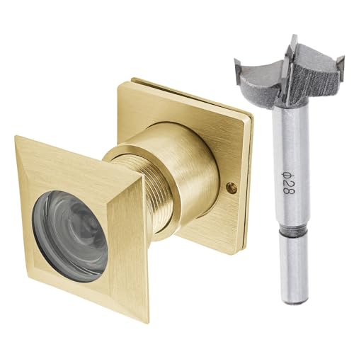 HOJLKLD Judas de Porte, Laiton Judas à 220 degrés avec foret de 28mm pour portes de 42mm à 54mm, carré œilleton à nette et grand angle de vision avec couvercle de protection (or satiné)