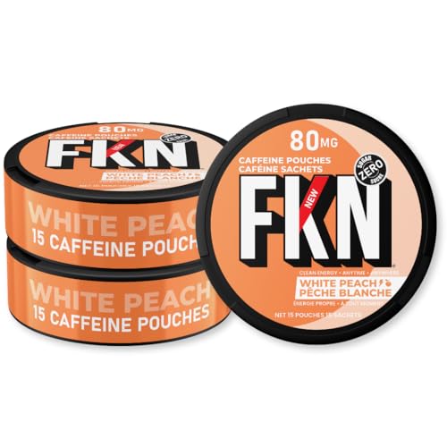 FKN Caffeine Pouches – White Peach (3 Cans) | 80MG Caffeine Per Pouch | 15 Pouches Per Can | Sugar-Free, Tobacco & Nicotine-Free | Crisp Peach Flavor | Fast-Acting Energy Boost