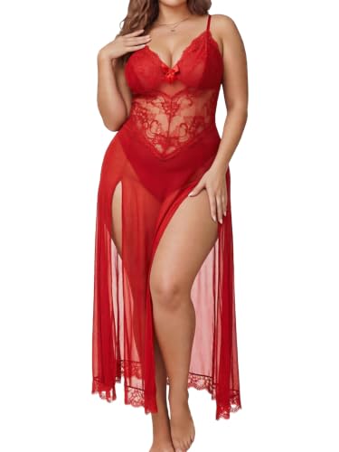Image of Alrovetoney Plus Size Lingerie For Women Babydoll Sexy Mesh Maxi Nightdress Exotic Sleepwear Side Slits