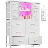 EnHomee Dresser for Bedroom with Drawers, Charging Station & LED Light, Large White Dresser for Hallway, Living Room, Entryway, Wooden Top, Metal Frame, 50.6' H x 37.8' W x 11.8' D