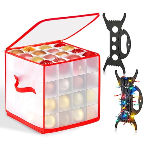 Aufbewahrungsbox für Weihnachtskugeln 64 Fächer Weihnachtskugeln Aufbewahrung Transparente Christbaumkugeln mit 2 Kabelwickler Faltbare Box für Weihnachtskugeln mit Deckel Griffen Reißverschluss