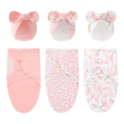 Image of Baby Swaddle Sleep Sack with Hat Set for 0-3 Months 3-Pack Soft Cotton Newborn Wearable Swaddle Wrap for Girls Boys (Pink & Heart & Tulips)