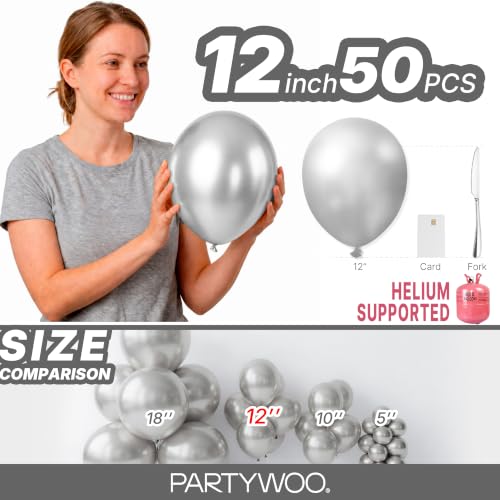 Image of PartyWoo Metallic Silver Balloons 50pcs Latex Helium Balloons 12 Inch | Birthday Wedding Anniversary Graduation Bachelorette Engagement Bridal Shower Party Decorations Silver-G102