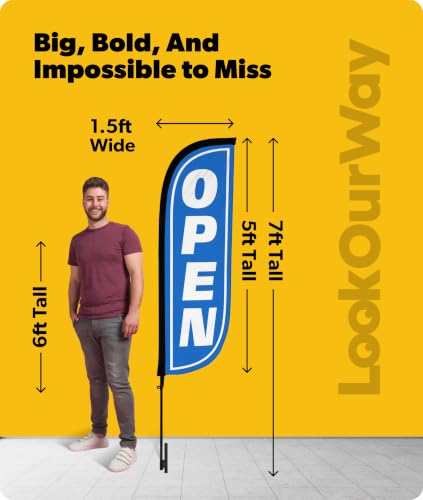 Image of LookOurWay Feather Flag Pole Kit - 7 Feet Tall Advertising Banner with Fiberglass Pole Set and Ground Spike for Business Promotion - Open Flags - Open Blue & White