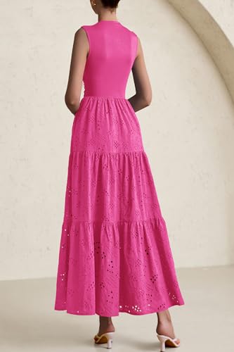 Image of PRETTYGARDEN Summer Dresses for Women 2026 Casual Eyelet Sleeveless Wedding Guest Maxi Dress Tank Top Sundress with Pockets