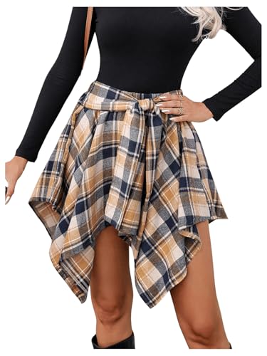 Milumia Women's Plaid Asymmetrical Hem Ruffle Skirt Knot Front High Waist Short Skirts