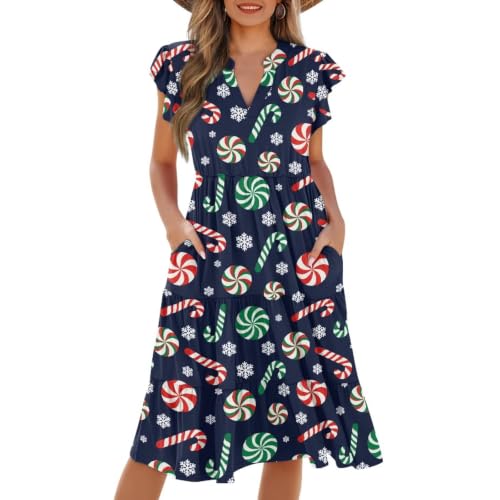 Image of Women's Casual Ruffle Sleeve Dress V Neck Pullover Dress Flowy A-Line Pleated Lightweight Dress with Pockets