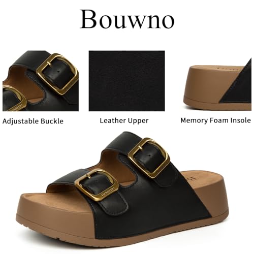 Image of Platform Sandals Women Genuine Leather Slip-on Beach Slide Buckle Comfortable Sandals with Memory Foam Soft Lining and Open Toe Low Wedges