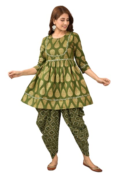 Image of H&N Women 's Casual Cotton Slub Anarkali Printed Kurta with Dhoti (Green)