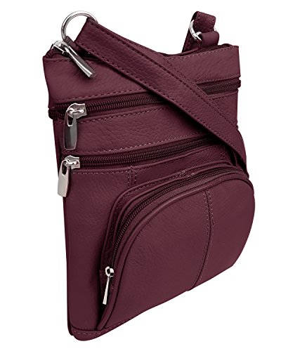 Roma Leathers Genuine Cross Body Purse Bag, Multi-Pocket (Wine)