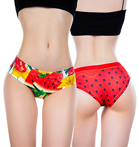 BANANALU Damen Slips mit Print Motiv Food Erdbeeren Tieren Unterhosen Summer Fruits Watermelon L