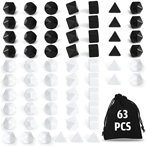 Shappy 63 Pcs Blank Dice Black and White Blank Polyhedral Dice Set DIY Dice D4 D6 D8 D10 D12 D20 Role Playing Dice for Role Playing Accessories Table Game Supplies