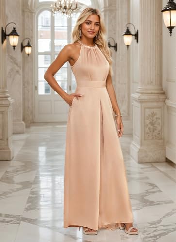 Halter Formal Jumpsuits for Women Satin Long Wide Leg Pants High Waist One Piece Outfits with Pockets Rompers3