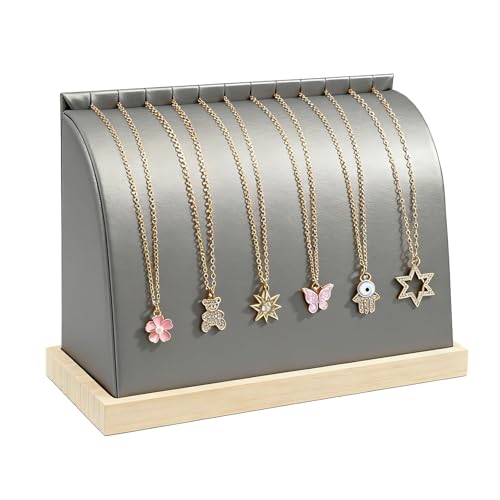 TANG SONG Cambered Wooden Leather Soft Mat Multiple Necklace Display Stand Necklace Chains Organizer Holder for Home (Silver-Gray)