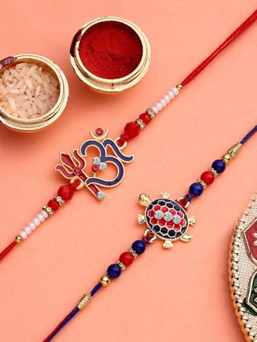 Image of Sukkhi Rakhi Trendy Floral Design Gold Plated AD Stones & Pearls Combo Rakhi for Brother with Roli Chawal & Greeting Card| Set of 2