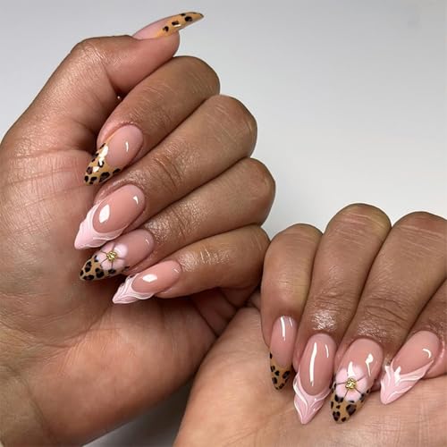 Image of French Tip Press on Nails Leopard Print Fake Nails Pink False Nail With 3D Stripe Design Flower Glue on Nails Glossy Acrylic Full Cover Medium Almond Stick on Nail for Women 24Pcs