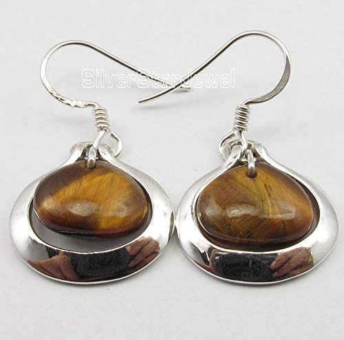 925 Solid Sterling Silver 10 x 12 mm Tiger's Eye Earrings 1.3" 5.5 Grams2